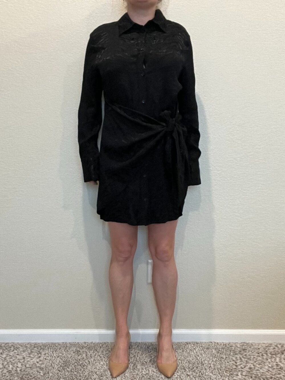 H&M Black Textured Tie-Front Shirt Dress – Size M